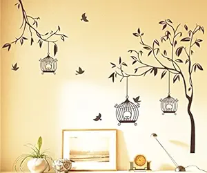 Decals Design Tree with Birds and Cages Wall Sticker (PVC Vinyl, 30 cm x 90 cm, Brown)