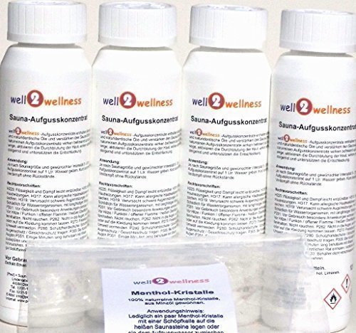 Saunaaufguss Set 4 x 125 ml - Eukalyptus, Latschenkiefer, Minze, Finnischer Winter + gratis 10g Mentholkristalle