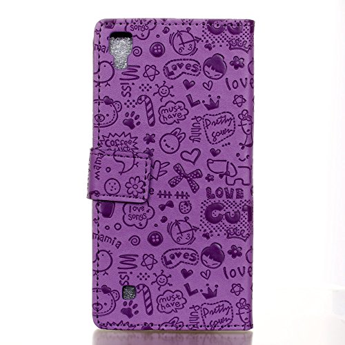 Handyhülle für LG CELLULARE K220 X-POWER TITAN 5,3″,QUENJOY® Cartoon Textur Leder Tasche Smart Cover Flip Case Beschützer Haut Schutzhülle Hüllen für LG CELLULARE K220 X-POWER TITAN 5,3″ HD IPS (LGK220.AITATN),Lila 02 - 2