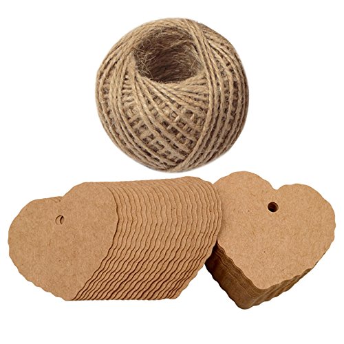 100 Stück 6 CM * 5.5 CM Shabby Chic Kraftpapier Etiketten Tags“Form des Herzens”Papieranhänger Hängeetiketten Anhängeetiketten mit Jute-Schnur 30 Meter (Braun) - 2