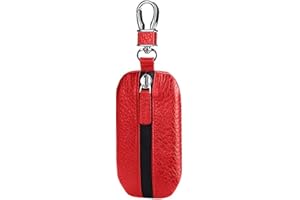 Universal Car Key Case, MoreChioce Multi-Functional Zipper Key Case with Metal Hook Genuine Leather Car Key Chains Wallet Men Women Pouch Case Holder For Home Keys Car Keys Pant Key，Red