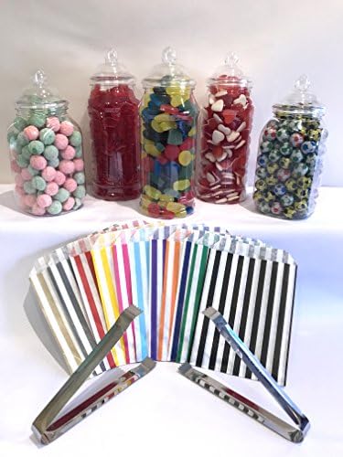 5 x 1L Jars, 2 Tongs, 50 Candy Stripe Bags - Vintage Victorian Pick & Mix Sweet Shop Candy Buffet Kit Party Pack (Gold)