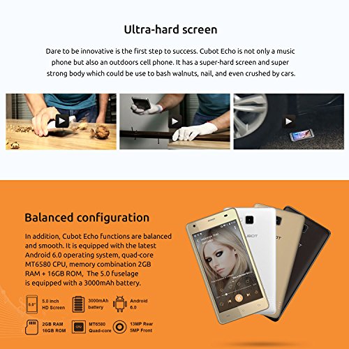 Cubot Echo Musik Smartphone 3G ohne Vertrag (5 Zoll (12.7 cm) HD Touch-Display mit Ultraharten Bildschirm und High-End Musik LeistungsverstÃ¤rker-Chip, 3000mAh Akku, 2GB Ram, 16GB interner Speicher, Android 6.0, Dual-SIM, 5MP Frontkamera / 13MP Hauptkamera) Schwarz [ Cubot Offiziell ]
