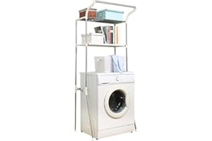 BAOYOUNI 2-Tier Over Washing Machine Storage Rack Metal Bathroom Organiser Shelf Above Toilet Shelving Unit Laundry Room Washer Dryer Space Saver Stand Holder 65.5 W X 49.5 D X 173 H cm, Ivory