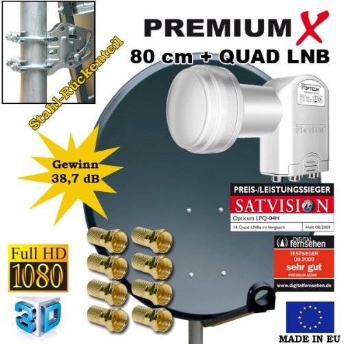 PremiumX Digitale SAT Anlage 80 cm + Opticum Quad 0,1dB LNB 4 Teilnehmer + 8 F-Stecker 7mm vergoldet - 2