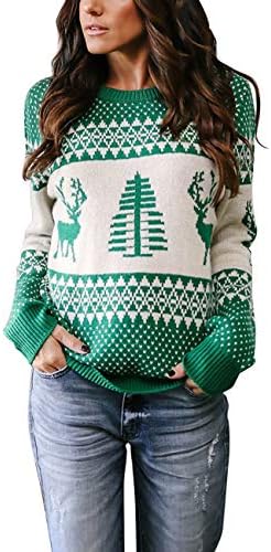 Women Reindeer Christmas Jumper Ladies Snowy Long Sleeve Round Neck Knit Pullover Sweater Top