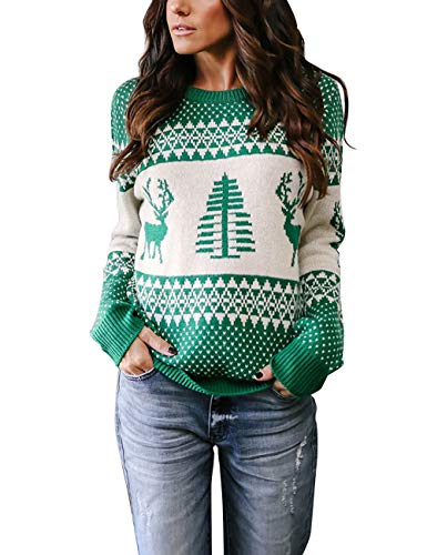Women Reindeer Christmas Jumper Ladies Snowy Long Sleeve Round Neck Knit Pullover Sweater Top