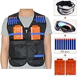 COSORO Kids Black Tactical Vest Jacket Kit (comes with Face Mask + Windproof Protective Goggles + 50pcs Darts Bullets + 2pcs 5-dart Quick Reload Clip) for Nerf Guns N-strike Elite Series