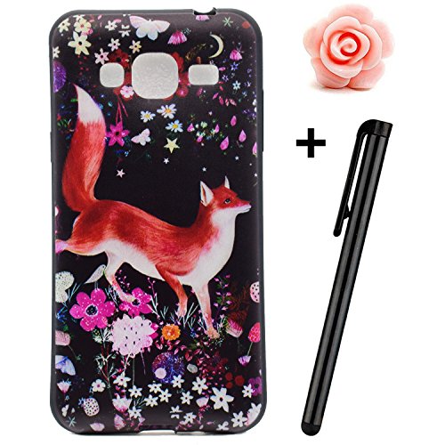 Samsung Galaxy J3 2016 Case,Samsung Galaxy J3 2016 TPU Back Case,Ultra Thin Flexible Rubber Bumper Case for Galaxy J310,TOYYM Cute Fox Pattern Design Soft Silicone Gel Shockproof Protective Case Cover for Samsung Galaxy J3 2016/J310 +1x Flower Dust Plug +1x Stylus Pen