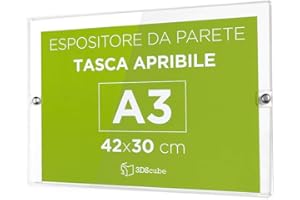 3DSCUBE Espositore in plexiglass da parete, targa a tasca apribile in plexiglass, porta avvisi e depliant formato A3 orizzontale 42×30 cm, completa di borchie in alluminio