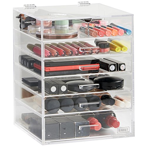 Beautify 6 Tier Clear Acrylic Cosmetic Makeup Cube Organiser With 5 Drawers & Removable Divider