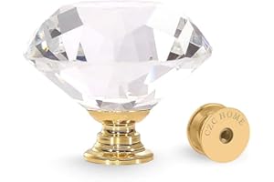 CZC HOME 10pcs 40mm Crystal Glass Door Drawer Knobs Diamond Cut Drawer Handles with 3 Sizes Screws for Cupboard Cabinet Wardrobe Home Decorating, Transparent-Gold Base