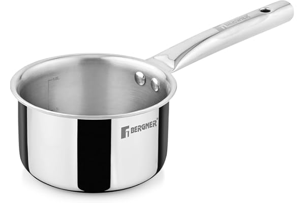 Bergner TriPro Triply Stainless Steel 14cm (1.3 L) Saucepan/Milkpan with Heavy Bottom, Ergonomic Handle with Excellent Grip, Even and Fast Heating, Easy to Clean - Induction and Gas Stove Ready