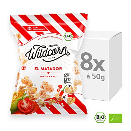 Wildcorn - salziges Popcorn - Tomate Chili (8x50g) | gesunder Snack | leckere Alternative zu Chips | Superfood für Büro, Unterwegs, Kino | vegan | 100% Bio | ohne Zuckerzusatz | glutenfrei | Healthy Food | El Matador