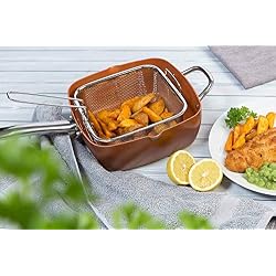 Lot de 5 poêles carrées 5 en 1 avec revêtement en cuivre et base à induction - Cocotte 24,1 cm - Couvercle en verre - Panier à frire - Support vapeur - Livre de recettes
