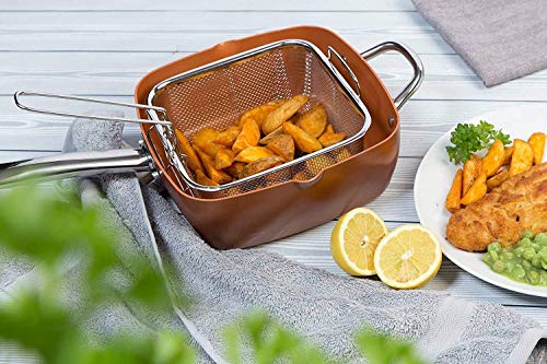 Lot de 5 poêles carrées 5 en 1 avec revêtement en cuivre et base à induction - Cocotte 24,1 cm - Couvercle en verre - Panier à frire - Support vapeur - Livre de recettes