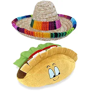 Baja Ponchos Dog Sombrero and Taco Plush Toy Pack - Funny Dog Costume and Chew Squeak Toy - Chihuahua Clothes - Mexican Party Decorations