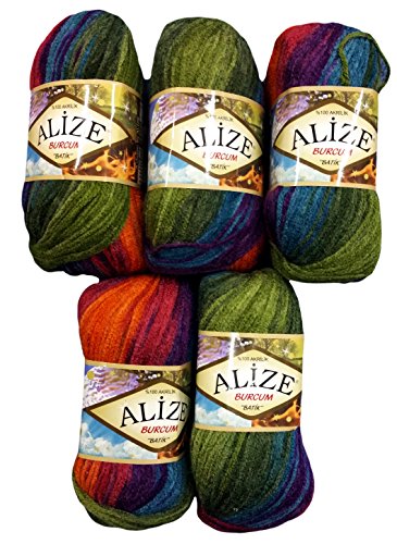 Alize Burcum Batik5 x 100 g Multi Coloured Wool with Colour Gradient 500 g Knitting Wool (Purple, Olive Era etc 4827)
