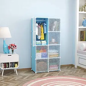 kidsROAR Plastic 8 Door Cupboard for Kids Wardrobe Almirah Rack Shelf for Clothes Living Room Bedroom , Victor Blue Transparent