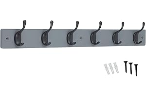 keypak Modern Wall Mounted Coat Rack, Matte Black Hooks on Wood Base (Grey/Matte Black, 6 Hooks)