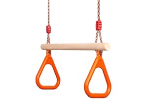PELLOR Trapèze Balançoire en Bois avec Gymnastique Anneaux Enfants Portique Toboggan Jeux Jardin Extérieur Intérieur (Orange)