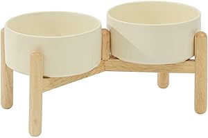 Havniva Ceramic 6.1inch Raised Dog Bowl with Stand for Small and Medium Breed Dog Dish Pet Food and Water Bowl (Double Bowl with Stand - Beige, 28oz)