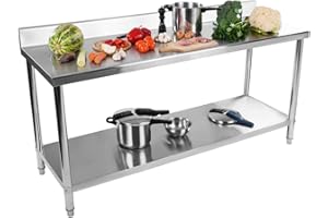 Royal Catering RCAT-180/60-S Table de Travail en Acier Inoxydable (180 x 60 x 96 cm, 1 Plateau de Travail et 1 étagère, jusqu'à 150 kg, Inclinaison, Hauteur réglable, Acier Inoxydable)