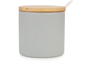 Chase Chic Azucarero, Azucarero Cerámica con Tapa de Madera y Cuchara de Porcelana, 8.45oz/250ml, Perfecto Para la Cocina, Incluye Cuchara, Sirviendo para Azúcar, Sal, Especias y Más, Gris