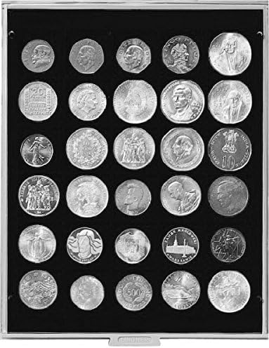 Coin box with 30 compartments, each 38 mm (Lindner 2115C), e.g. for 5 Mark Kaiserreich, 1 US$ Morgan, Trade, Liberty, Gorbrecht, Peace, 1 ounce Maple Leaf (silver), 500 ÖS - Version: Carbo