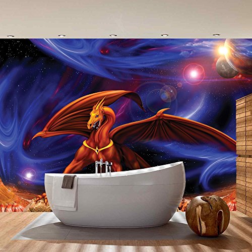 Vlies Fototapete PREMIUM PLUS Wand Foto Tapete Wand Bild Vliestapete – Drache Sterne Planeten Weltall Kindertapete – no. 2145, Größe: 416 x 254cm Vlies - 7