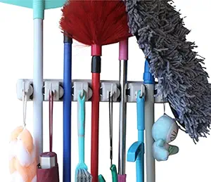 YOi Mop Holder and Broom Holder-Mop Hanger Stand for Cleaning Supplies Organizer | Mop & Broom Holder Wall Mounted Organizer for Utility Tools-Size 5 Slot Position with 6 Hooks (Gray)