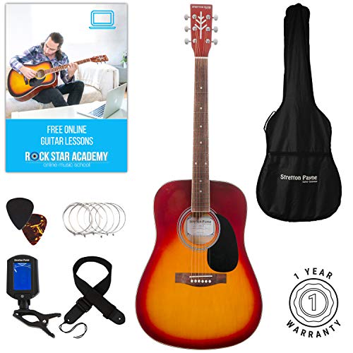 Guitarra acústica Stretton Payne Dreadnought, con cuerdas de acero de tamaño completo, D1, Cherry Burst