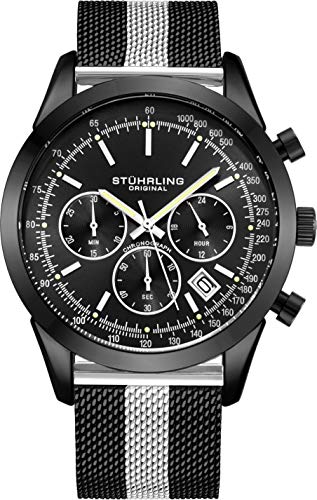 Stuhrling Original Men's Chronograph Watch, Stainless Steel Mesh Band and Water Resistant to 100 M. (Black/Silver)