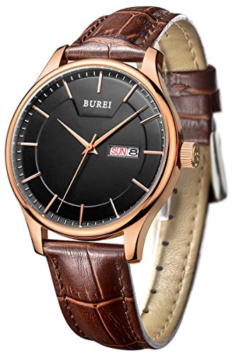 BUREI Herren Quarz Armbanduhr Tages und Datumsanzeige Lederband braun BUREI Herren Quarz Armbanduhr Tages und Datumsanzeige Lederband braun