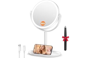 Auxmir Specchio Trucco con Luci 30X/1X Bifacciale, Specchio Ingranditore 8", Specchio da Tavolo Ricaricabile 2000mAh, 3 Colori di Luci 64 LED Rotazione a 360° Smontabile per Camera da Letto, Viaggio