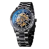TREEWETO Herren Uhr Analog Automatik Edelstahl Armband Mechanisch Wasserdicht Skelett Schwarz