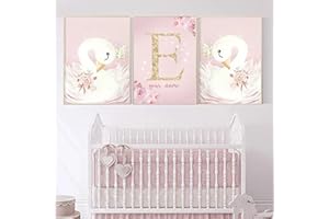 YOUIHOM 3 Personalised Name Posters Baby Girl Pink Flower Swan Poster Children's Wall Decoration Canvas Gift A3 Without Frame