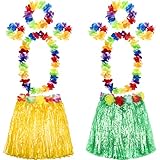 Colores vibrantes: leis de flores son amarillo, verde, naranja, azul, púrpura y rojo; Faldas de césped de 2 piezas, una es verde y la otra amarilla, el traje de moda te hace destacar entre la multitud