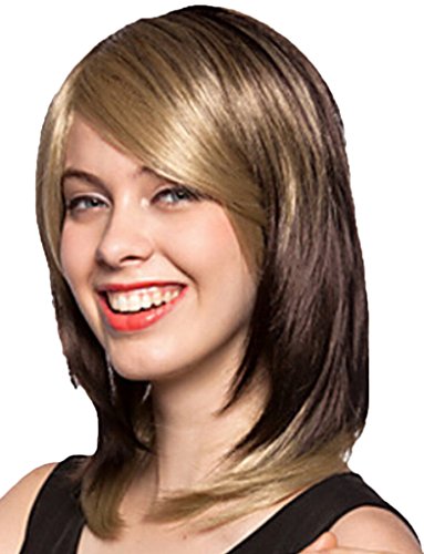 Bigood 48cm Smooth Inclined Bangs Double color straight flaxen and Brown wig