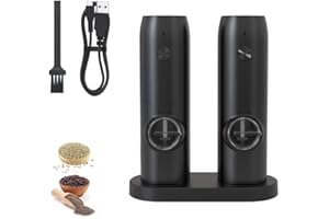 SHALWINN Electric Salt and Pepper Grinder Set with Rechargeable Base, Stainless Steel Salt Mill with Adjustable Coarseness, Refillable Salt and Pepper Shakers with LED Light