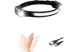 humpun LED Head Torch Rechargeable, 1200LM LED Headband Torch, 2 Spot Light, 12 Hours Runtime 5 Lighting Modes, Lightweight Headlight with Motion Sensor, IPX4 Waterproof for Running(Black, 1 Pack)