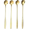 DREWIT STAR Golden Spoon Set/Dessert Spoon/Cutlery Kitchen Tableware/Stainless Steel Gold Flower Shape Coffee Spoon with Package Bag, 18cm, 4 Pcs Different Coffee Spoon (4)