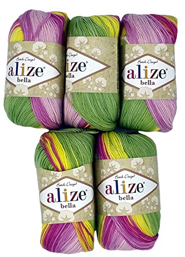 5 x 50 Gramm Baumwolle Farbverlauf lila flieder grün gelb Nr. 4591, 250 Gramm Wolle aus 100% Baumwolle, Strickwolle