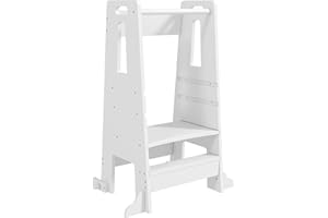 AIYAPLAY Torre de Aprendizaje de Madera Taburete de Aprendizaje para Niños de +3 Años con Pedal Altura Ajustable en 3 Niveles y Barrera de Seguridad para Baño Cocina 45x47,5x91 cm Blanco