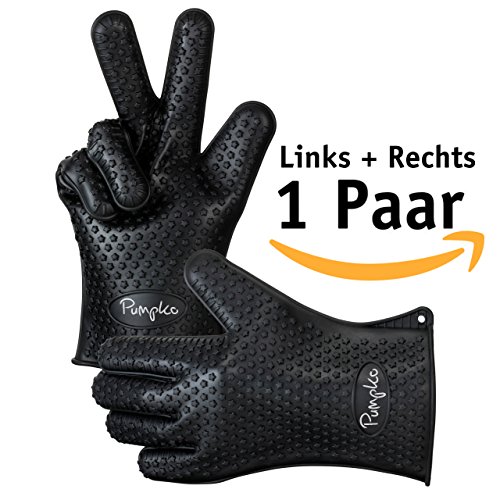 PUMPKO Hochwertige Silikon Ofenhandschuhe | Profi Kochhandschuhe | Classic feuerbeständige Kaminhandschuhe | feuerfest, rutschfest und hitzebeständig | Links und Rechts (Schwarz)
