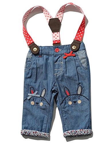 M&Co Baby Girl Embroidered Adorable Bunny 3D Bows Themed Turn Up Trousers With Polka Dot Braces Denim 6/9 Mnths