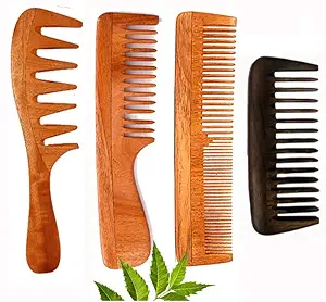 Rufiys Combo Pack of Neem Wooden Comb Set for Women & Men | Hair Growth |Dandruff Remover (Pack of 3)