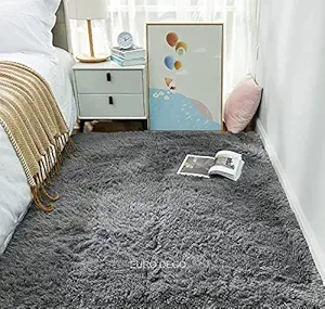 Euro Deco Modern Microfiber Shaggy Carpet for Home Living Room Cabin - Soft Fluffy Fur Rug for Kitchen Cabins Hall Area - Floor Covering Bedside Runner Carpets for Bedroom (3 X 5feet Dark Gray)