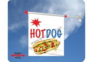 AGENTUR WERNER KUHLINS Werbeflagge (Fahne mit über 50 Varianten, Text und Bild, z.B. Eis, Döner, Kaffee, Crepes, Waffeln, Pommes uvm.) Ideal für Kiosk, Restaurant oder Kirmes, weiß (Hot Dog)