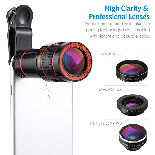 Criacr Lenti Smartphone 4 in 1,198 Lente Fisheye + 0,63x Lenti Grandangolo + 12x Obiettivo Teleobiettivo Zoom + 15x Obiettivo Macro con Supporto per iPhone, Samsung Galaxy, ecc